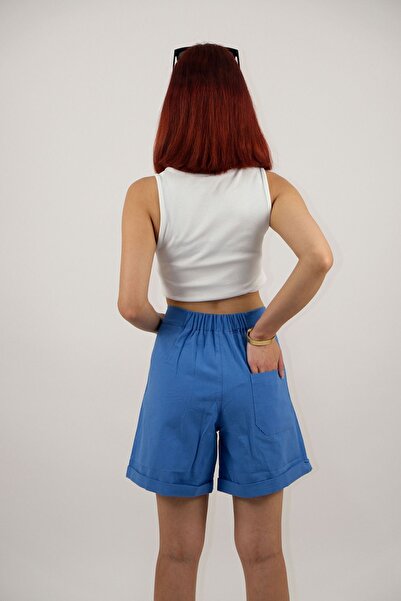 Türkiş Otantik kadın keten şort lastikli