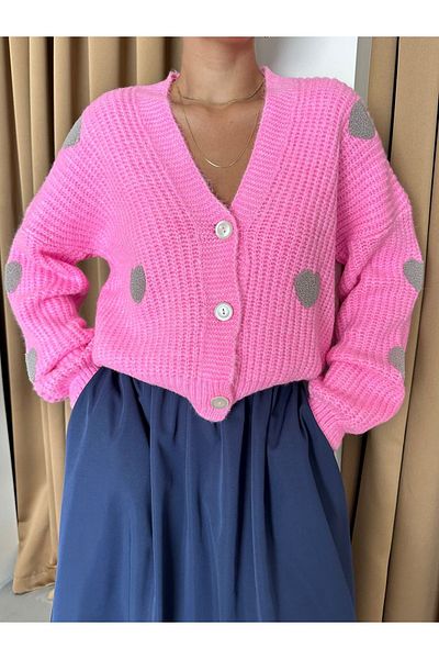 Laluvia Grauer Candy Pink Heart Strick-Cardigan – 4422