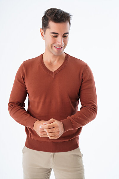 Trist Star Мъжки трикотажен пуловер от 100% памук с V-образно деколте Trıst-1102