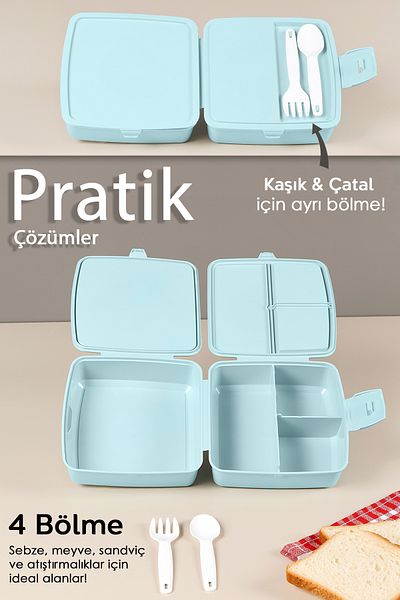 Meleni Baby 2-tier Children's Lunch Box with Compartments and Fork and Spoon - Mint