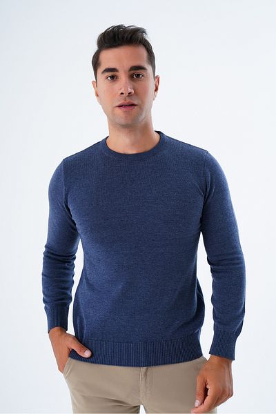 Trist Star Ανδρικό πουλόβερ Indigo Melange Crew Neck 100% βαμβακερό πλεκτό - Trist-1101