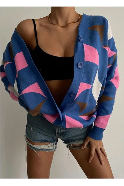 vuvutasarım Cardigan de tricotaj pentru femei cu mânecă lungă cu imprimeu geometric - Detaliu cu nasturi, noul sezon 0182