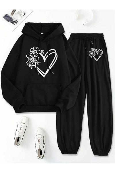 PALPİTO Μαύρο Floral Heart Hooded Jogger Sweat Σετ - 3 νήματα