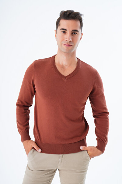Trist Star Мъжки трикотажен пуловер от 100% памук с V-образно деколте Trıst-1102