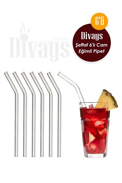 DİVAYS Transparent 6-Piece Glass Inclined Straw |   Glass Straw