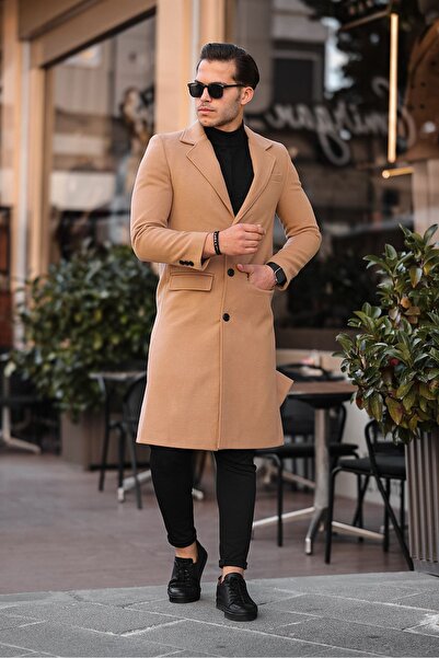 gm giyimarket Erkek Slim-Fit Uzun Yünlü Kaşe Palto