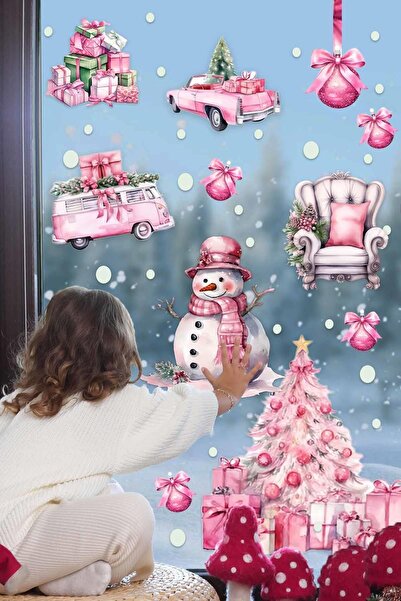 MSticker Vintage Kış Konseptli Sticker Seti, Yeni Yıl Yılbaşı Pembe Temalı St...