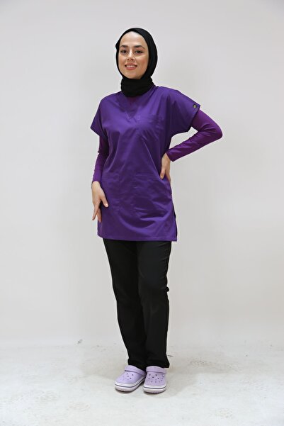 Limitless Tesettür hemşire forması tunik boy tek üst koyu mor