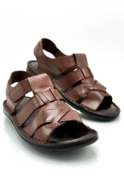 Moda Lalin Genuine Real Leather Velcro Men's Sandals Cross Brown