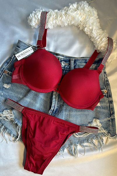 Morensa Red Stone Detailed Double Support Push up Bra Set