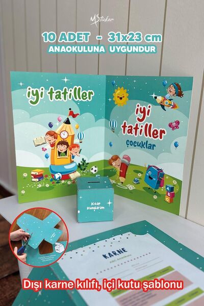 MSticker Mezuniyet Karne Kabı Kılıfı 10 Adet - Büyük Boy - Kutuya Dönüşebilen Karne Kabı - İlkokul Anaokulu