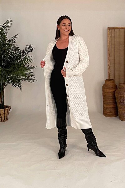 Hanezza Kadın Büyük Beden Hırka | Krem | Sepet Örgü Dokulu | Sıcak Tutacak Örme Triko