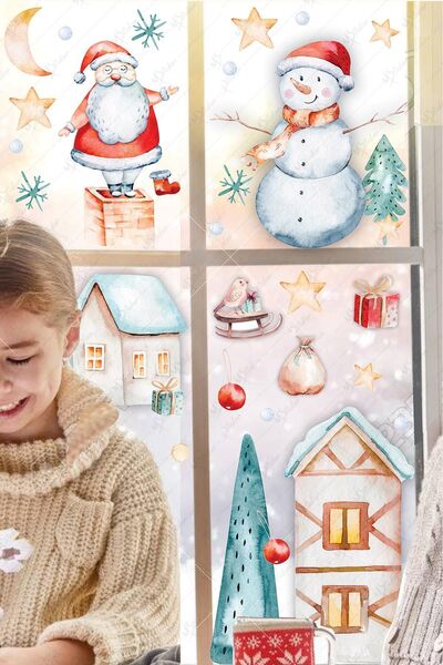 MSticker Yılbaşı Sticker Seti - Eğlenceli Kış Figürleri Cam Duvar Sticker Seti