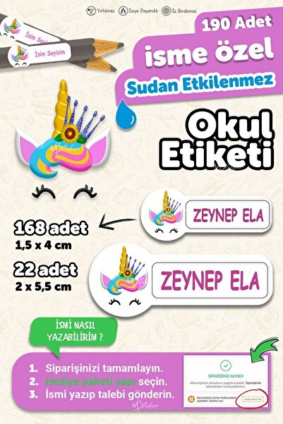MSticker Okul Etiketi Kalem Defter Etiketi Özel Isim Yazılabilen Etiket 190 Adet