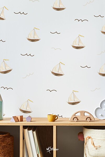 MSticker Sevimli Minik Yelkenli Tekne ve Dalgalar Soft Renklerde Çocuk Bebek ...