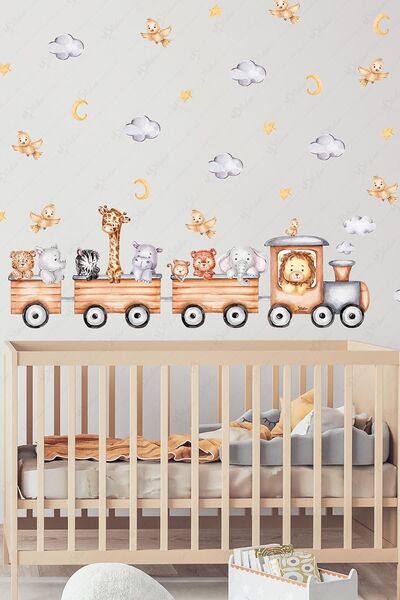 MSticker Sevimli Safari Hayvanları Tren Yolculuğunda Duvar Dolap Cam Sticker Seti