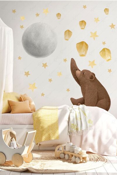 MSticker Sevimli Ayı Ay Ve Yıldızlar Temalı Sticker Seti