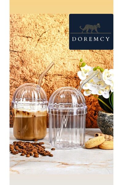 Doremcy 400ML Cold Coffee and Lemonade Crystal Cup - 6-Piece Glass Straw and Magnolia Muscle Cup