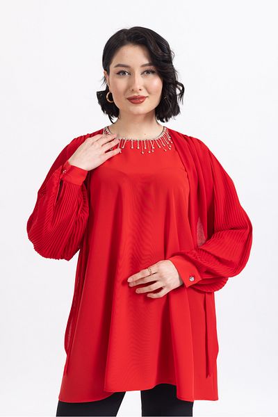 Ayda Triko Pleated Sleeve Stone Decorated Tunic
