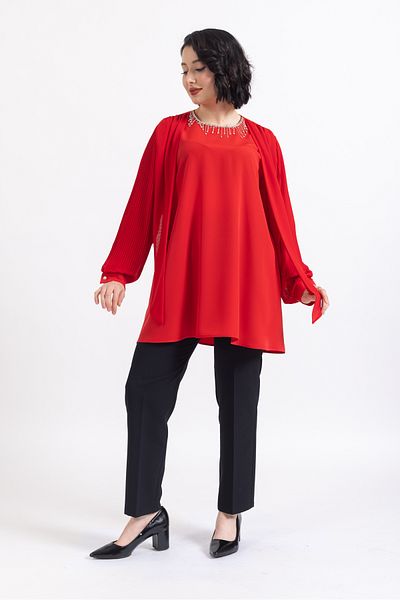 Ayda Triko Pleated Sleeve Stone Decorated Tunic