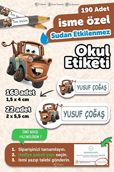 MSticker Okul Etiketi Kalem Defter Etiketi Özel Isim Yazılabilen Cars Etiket ...