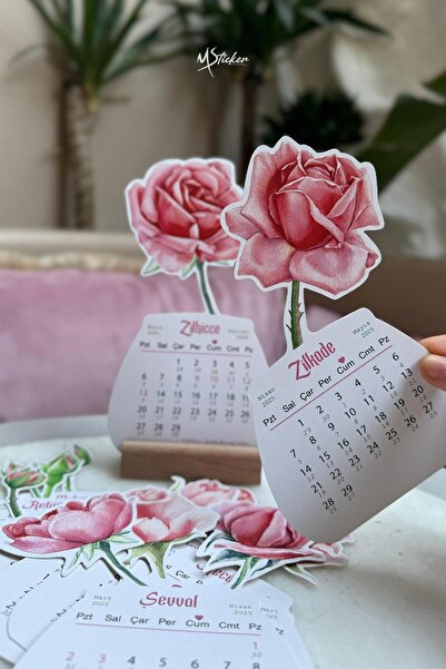 MSticker Hicri Takvim Güncel Ahşap Ayaklı Gül Figürlü 12 Yaprak Özel Tasarım Takvim 2025 Haziran - 2026 Mayıs