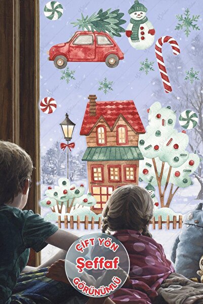 MSticker مجموعة ملصقات غرفة الأطفال بأشجار منزل الثلج للعام الجديد - شفافة