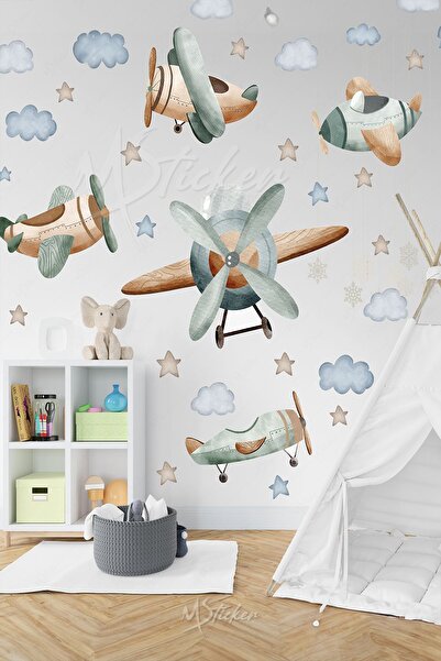 MSticker Pastel Tonlarda Planör Uçak Balon ve Bulutlar Yıldızlar Çocuk Bebek Odası Duvar Cam Dolap Sticker
