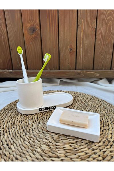 Çisem White Bathroom Set with Concrete and Marble Pattern - 3 Pieces, Solid Soap Dish and Toothbrush Holder Decorative Presentation Tray
