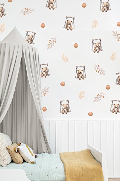 MSticker دمى دب لطيفة على الأرجوحة، زهور ونقاط منقطة، مجموعة ملصقات غرفة الطفل