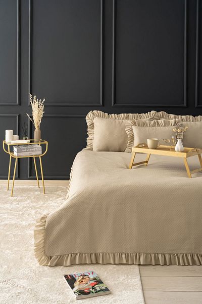 Odamoda Eva Double Pique Bed Set - Beige, Cotton and Frilly Casual Cover Set - Stylish Box and Pack