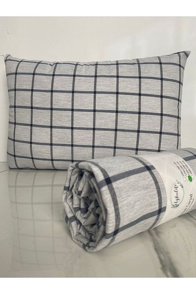 uykulife home collection Uykulife Double Elastic Sheet Set - Light Gray and Black Striped, Checked