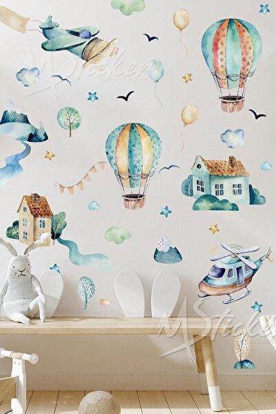 MSticker Suluboya Desenli Uçan Balonlar Uçak Ve Evler Çocuk Bebek Odası Stick...