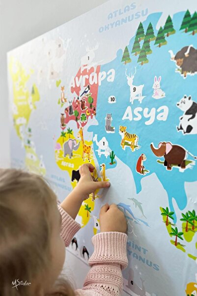 MSticker Yapıştır ve Öğren Eğitici ve Öğretici Dünya Haritası Çocuk Odası Duv...