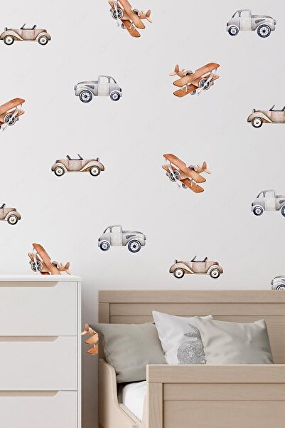 MSticker Vintage Araba ve Uçaklar Duvar Cam Sticker Seti, Çocuk Bebek Odası D...