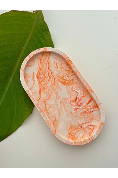 Lights Of Candle Dekoratif Turuncu Mermer Desenli Oval Beton Takı Tabağı Mum ...