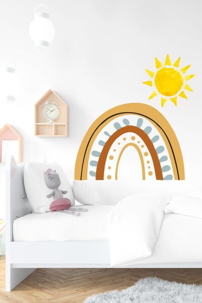 MSticker Autocolant de perete pentru cameră pentru copii, curcubeu și soare, în tonuri de pământ