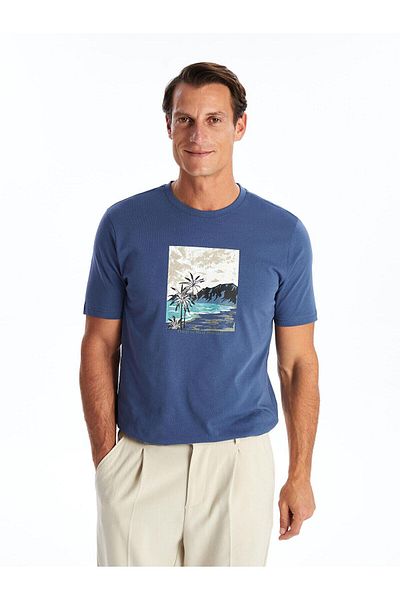 LC Waikiki LCWAIKIKI - Tricou clasic Indigo pentru bărbați, cu decolteu, cu mânecă scurtă, imprimat, bumbac pieptănat