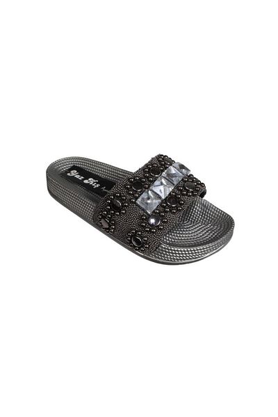 Yaz Kış Ayakkabı Yazkiş Women's - Platinum Gold Color, Geometry Patterned Glittery Stone Flat Sole Slippers