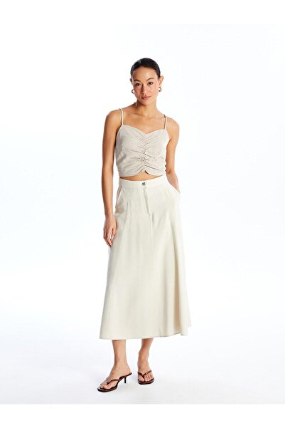 LC Waikiki LCW Vision Μπεζ γιακά καρδιάς με ίσιο λουράκι λινό ανάμεικτο γυναικείο Crop