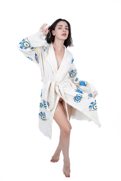 Pinezza Kadın Bornoz Peştemal Pareo Plaj Müslin Pamuklu Karışık Göz Desen Bea...