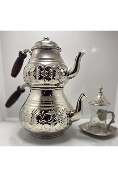 Genel Markalar Gümüş Bakır Çiçek Motifli Büyük Boy Çaydanlık Döküm
