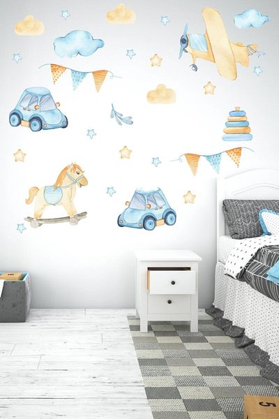 MSticker Autocolant pentru cameră pentru copii, mașină, avion, cai în tonuri pastelate