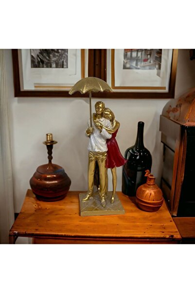 Doremcy Şemsiyeli Sevgili Biblo 24x10 Polyester Döküm Romantik Çift Figürü Ev Dekor Hediye