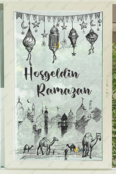 MSticker Ramazan Ayı Kandiller Ve Medine Figürleri Cam Duvar Dolap Sticker Seti - Hoşgeldin Ramazan Süsleri