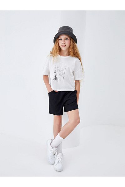 LC Waikiki Lcw Kids - Κοριτσίστικο Ecru Crop T-Shirt, Crew Neck, Printed