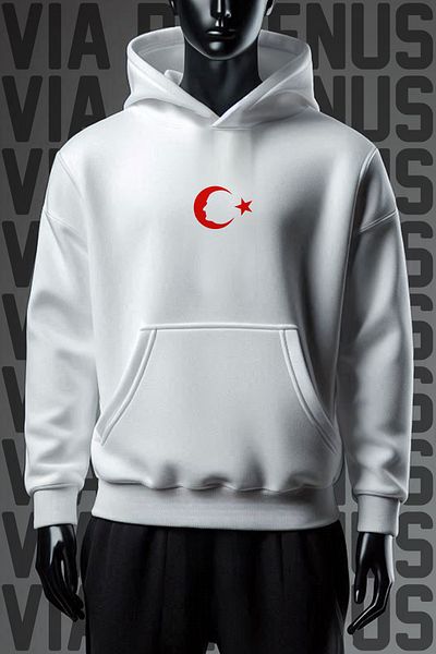 Vordevia Ataturk and Moon Star με στάμπα με 3 νήματα καγκουρό τσέπη - φούτερ με φαρδιά λευκή κουκούλα