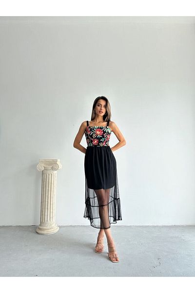 Butik Black Floral Patterned Chest Dress with Tulle Skirt