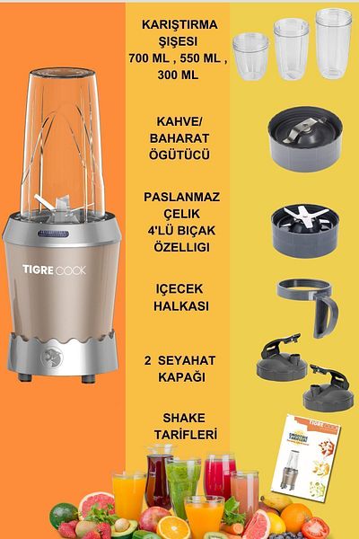 TIGRECOOK NUTRISHAKE 3 في 1 خلاط عصير شخصي مع شفرات من الفولاذ المقاوم للصدأ ومطحنة توابل القهوة 1000 وات