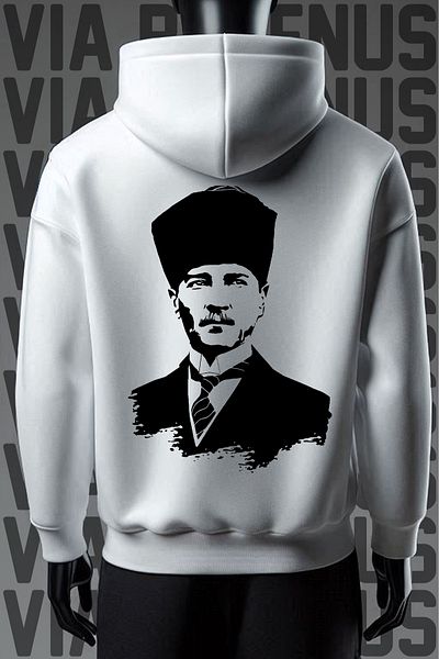 Vordevia Ataturk Printed - Ribbed Wide Fit White Hooded Sweatshirt